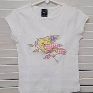Copper Key White Tee with Yellow, Pink & Purple Bird Applique